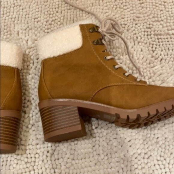 Addition Elle Women Brown Wide Combat Sherpa Trim Lace up Winter Boots Size 9W - Picture 7 of 12